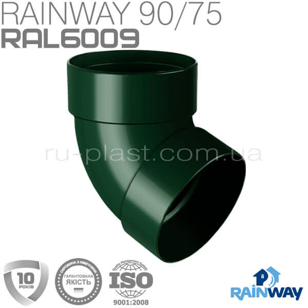 Отвод трубы двухмуфтовый 67° зелёный RAINWAY 75мм